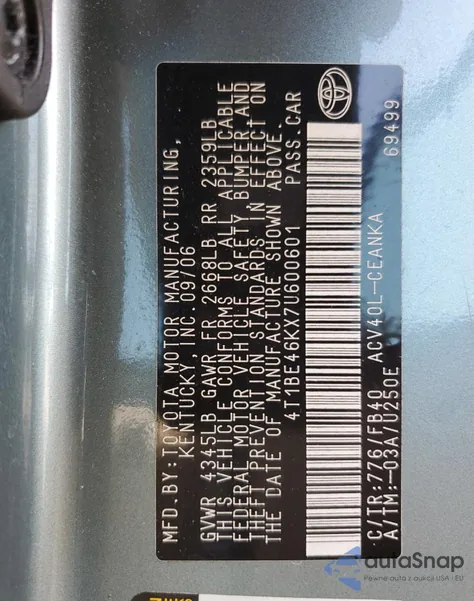 2007 Toyota Camry Ce из США, поврежденный, VIN 4T1BE46KX7U600601